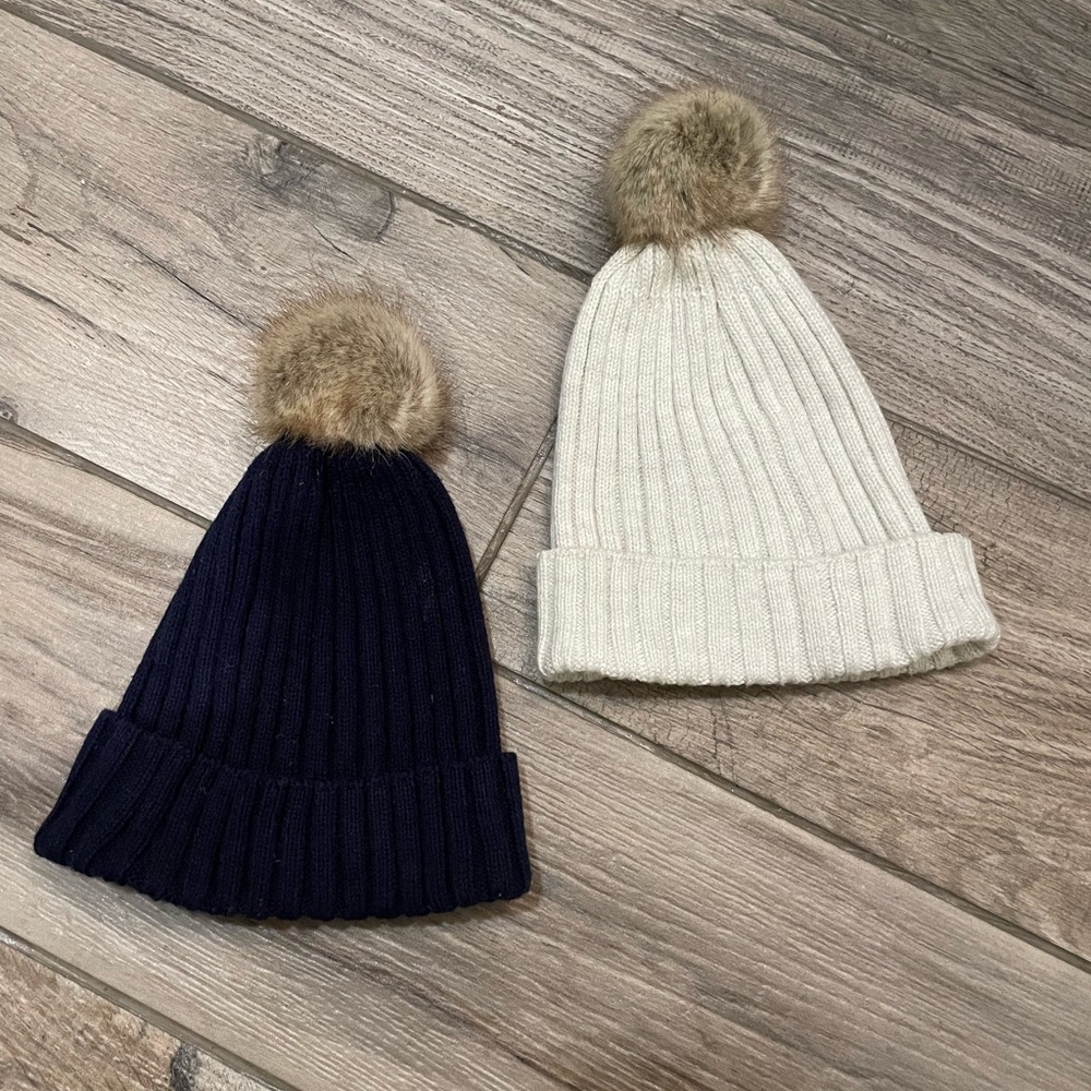 Infant Cream and Navy Blue Winter Hat with Fur Pom Pom Bundle